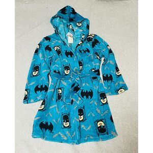 Y2K Batman Hooded Fleece Robe Blue DC Comics Plush Tie Belt Youth M